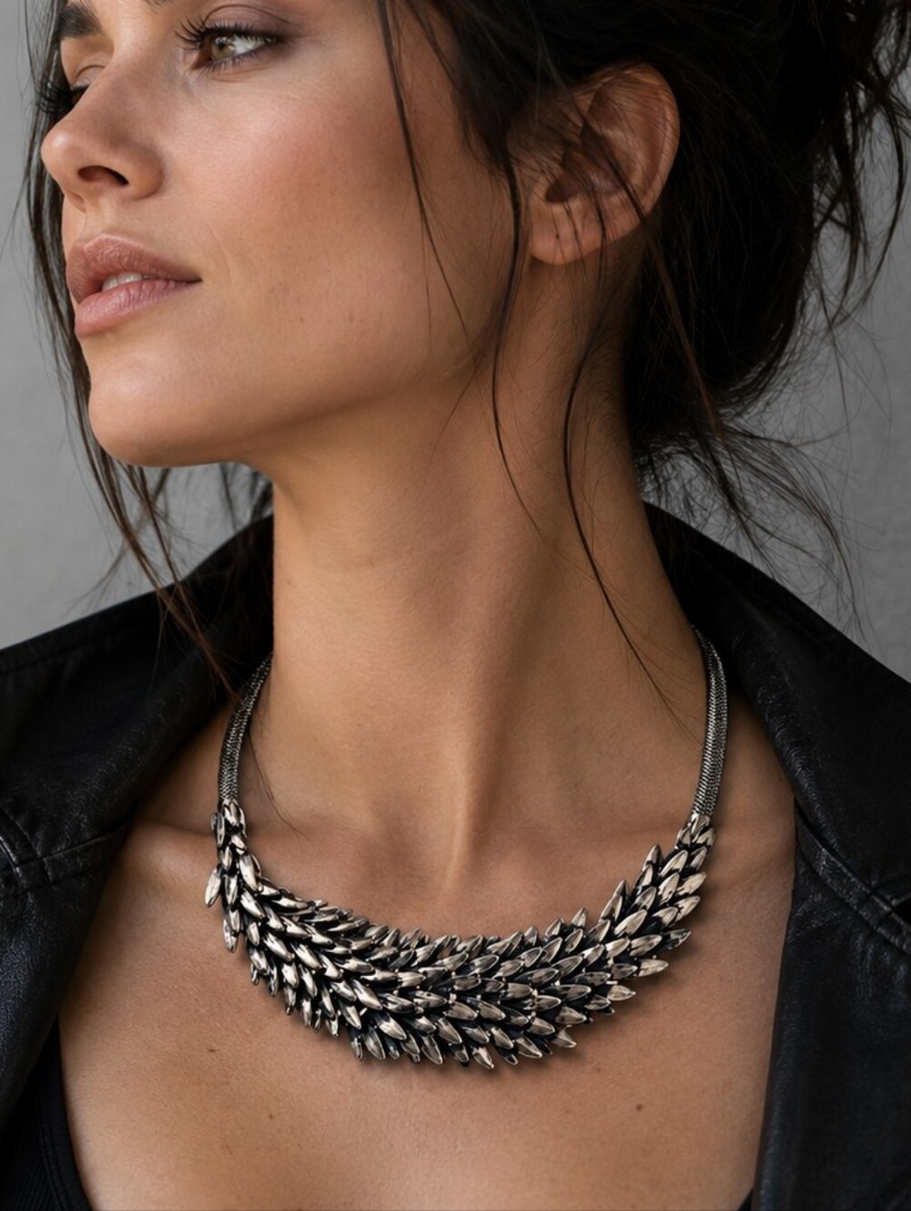 Women’s Silver Tone Statement Dragon Wing Collar Necklace - Leaf